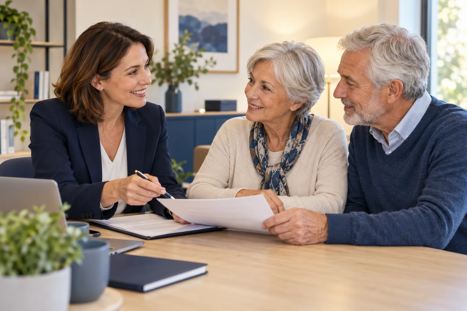 Illustration d’un échange attentif entre une conseillère et un couple de seniors
