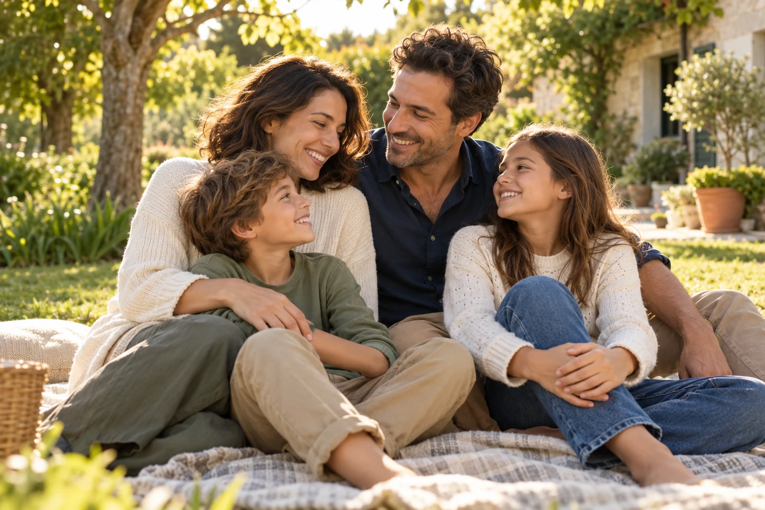 Deux parents et leurs enfants partagent un moment heureux dans un jardin
