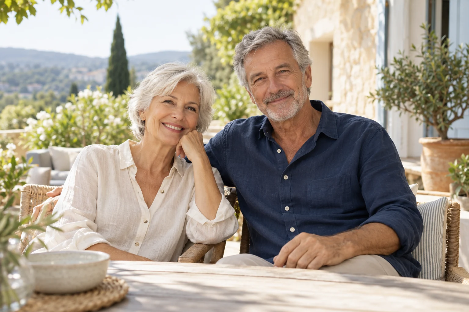 Un couple de seniors souriants profite d’un moment sur une terrasse ensoleillée